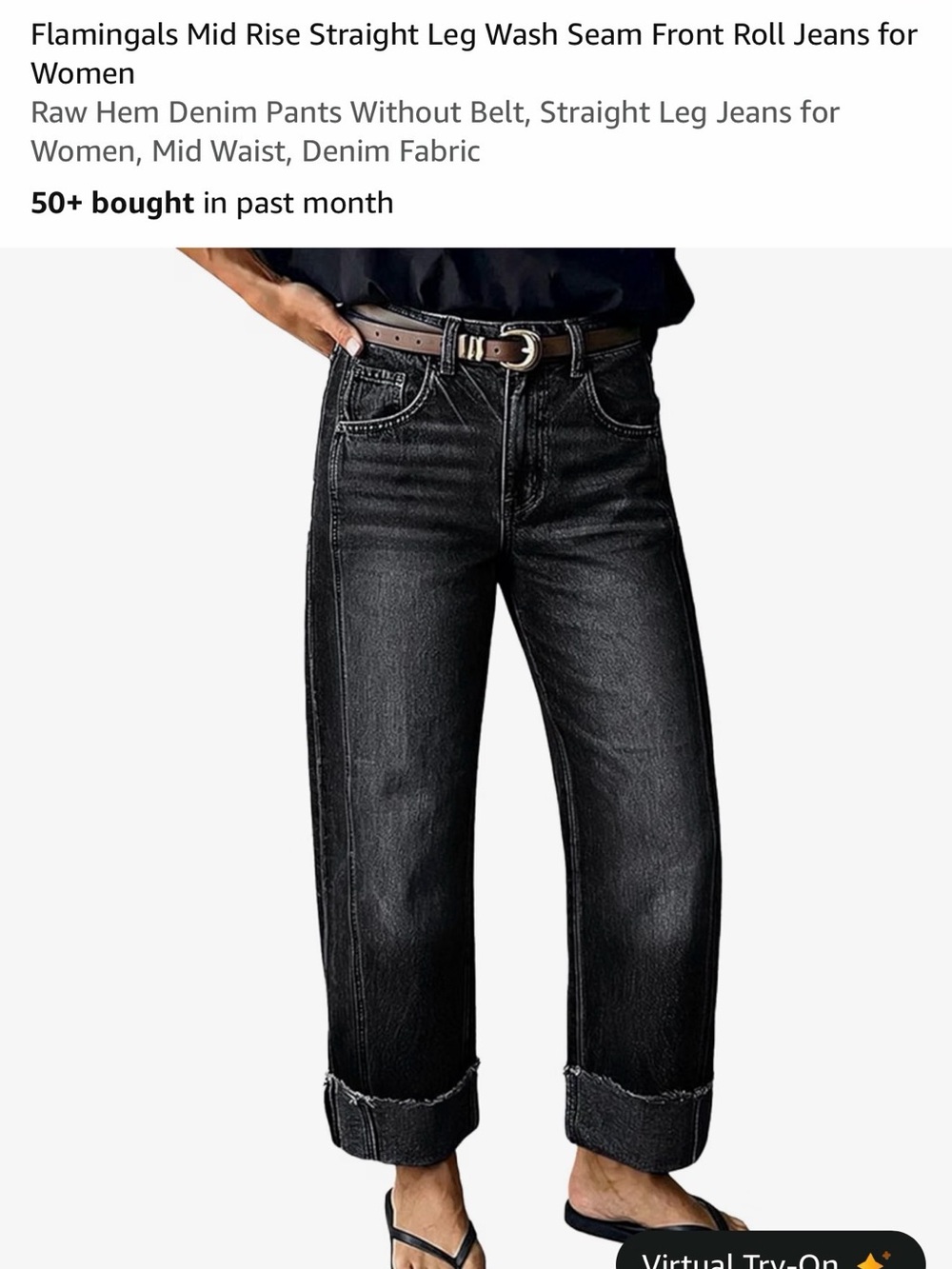 Flamingals Black Mid-Rise Straight Leg Jeans for Women - Raw Roll Hem